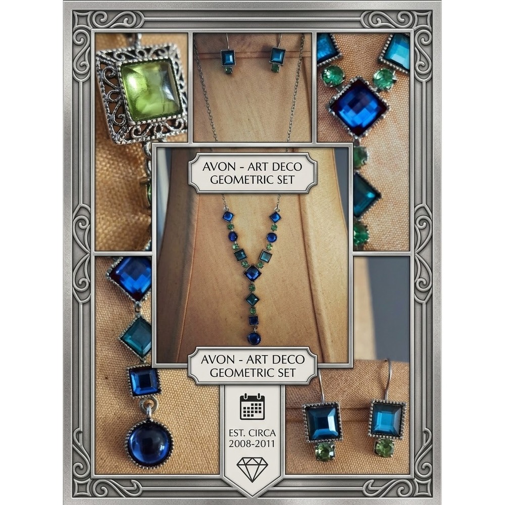 Vintage Avon Set Blue Deco Geometric Y-Necklace Dangle Blue Teal Earrings Set